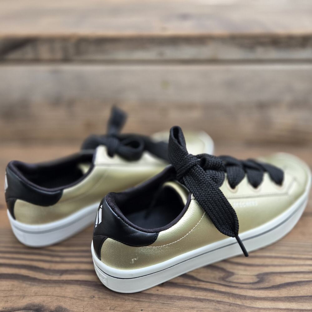NEW Skechers Street Metallic Gold Leather Wide Black Lace Shoes Womens Sz 8 READ